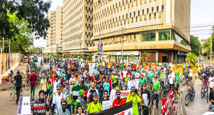 فلسطین سے اظہار یکجہتی: شہر کراچی میں سائیکل ریلی